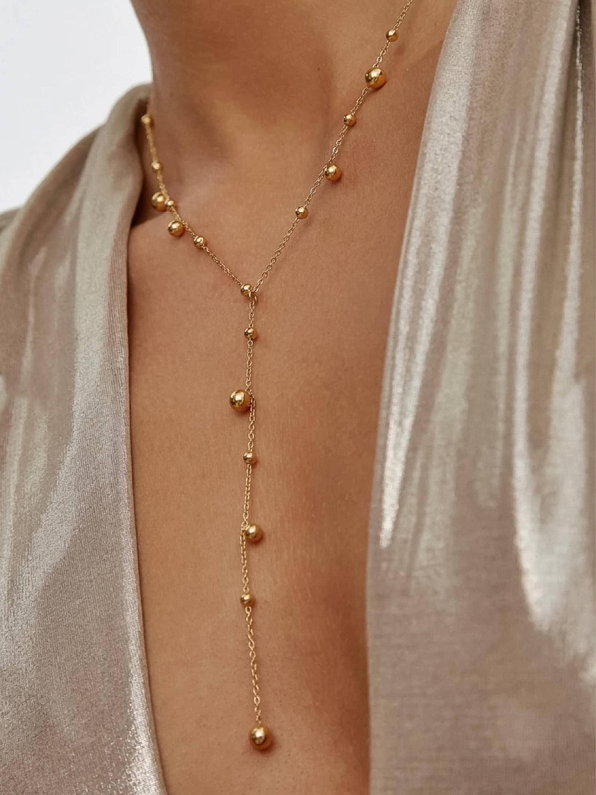 Brisse 18K Gold Non-Tarnish Dressy Beaded Y Lariat Necklace: Yellow Gold
