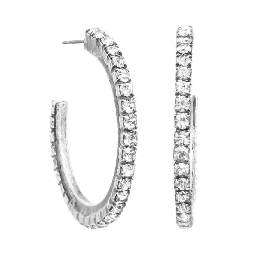 TOVA SLIM HOOP EARRINGS IN ANTIQUE SILVER: CLEAR