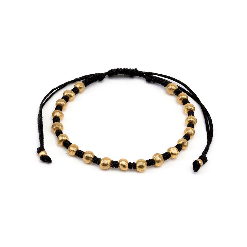 Vestopazzo Gold Bead Black Cord Bracelet – Adjustable black macramé bracelet with polished gold sphere beads on white background | Místika Style