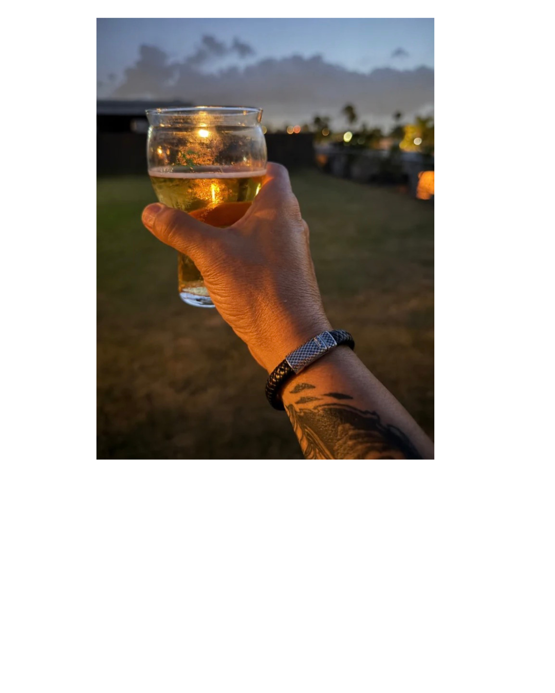Hand holding a glass of beer with a scenic background