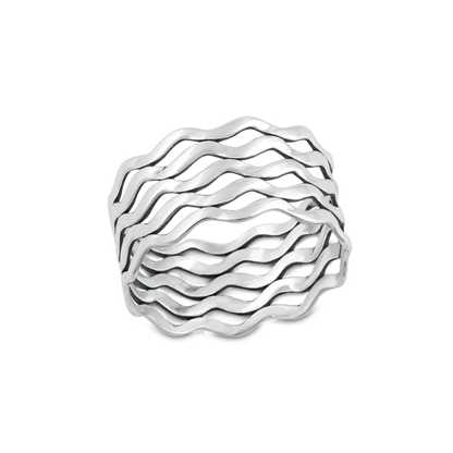 Silver ring with wavy design on a white background