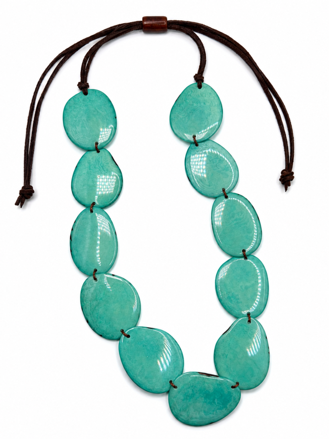 MÍSTIKA Tagua Sunlit Petals Necklace in Turquoise – Adjustable brown leather cord with 11 glossy turquoise tagua discs | Místika Style