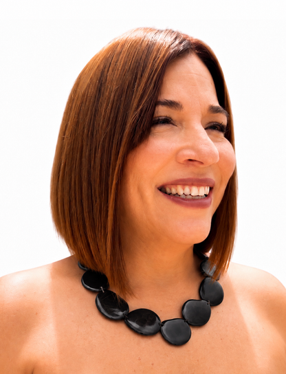 MÍSTIKA Tagua Sunlit Petals Necklace in Black – Lifestyle photo worn on model  | Místika Style