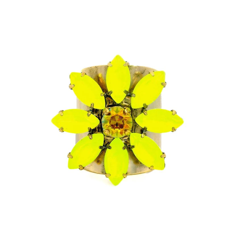 Neon yellow flower-shaped earring on a white background