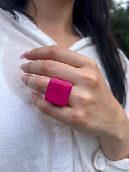 MÍSTIKA Tagua Dune Ring in Hot Pink – Bold square tagua ring worn on hand | Místika Style