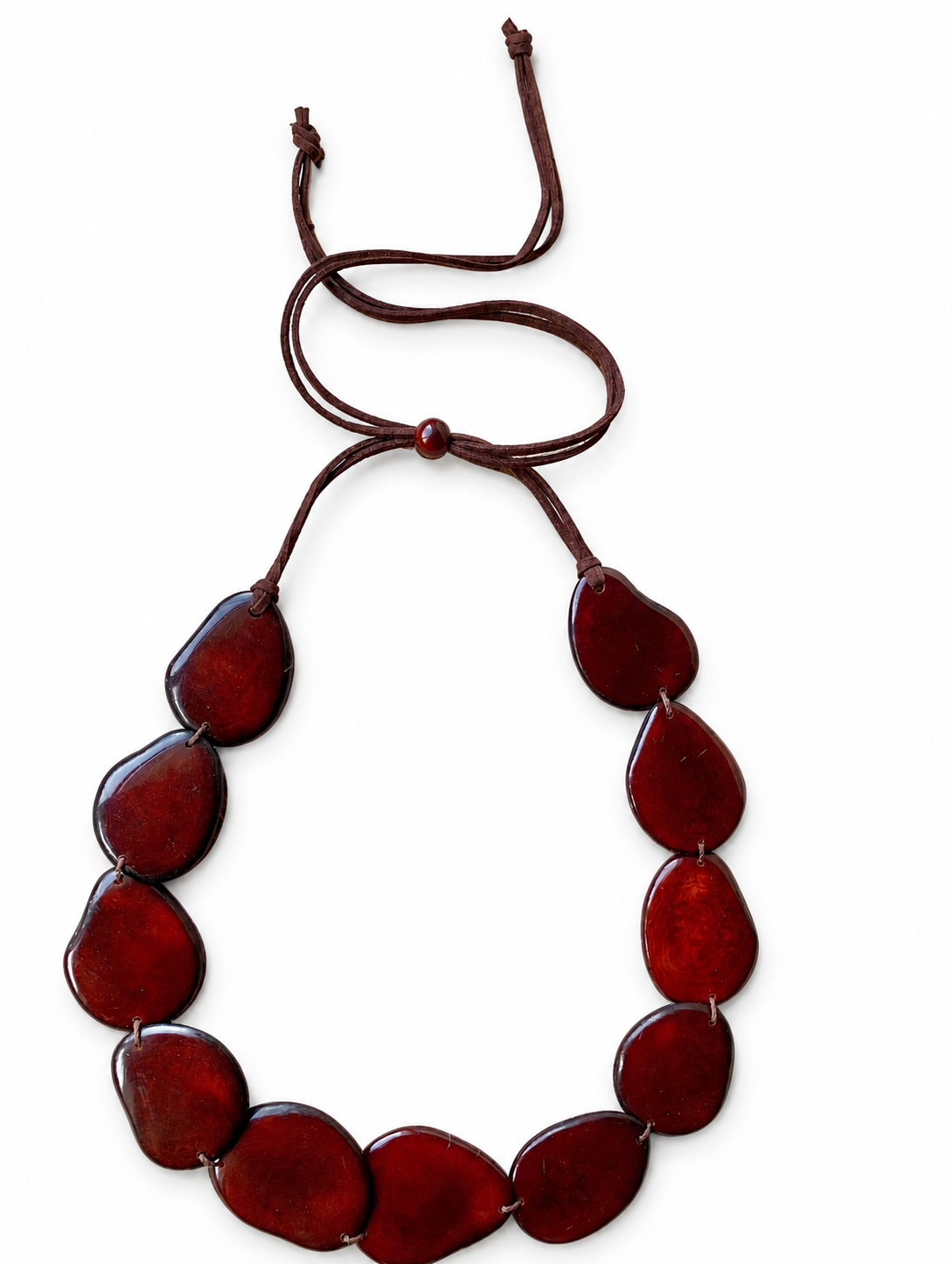 MÍSTIKA Tagua Sunlit Petals Necklace in Brown– Adjustable brown leather cord with 11 glossy brown tagua discs | Místika Style