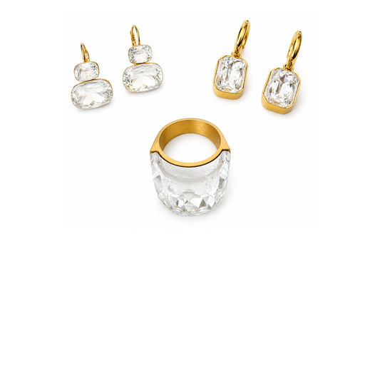 MÍSTIKA BUNDLE #18 - CRYSTAL CANDY EARRINGS, DROP CRYSTAL DANGLE EARRINGS & CUBIC LOLLIPOP RING | 3 Pieces Clear
