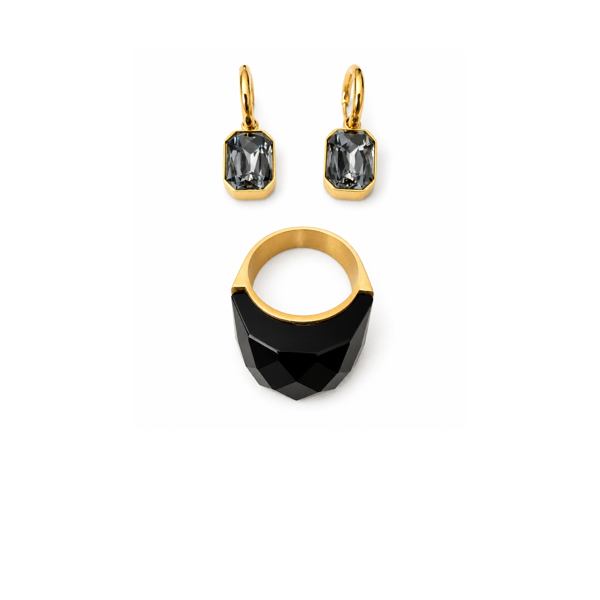 MÍSTIKA BUNDLE #20 - DROP CRYSTAL DANGLE EARRINGS AND CUBIC LOLLIPOP RING / 2 PIECES BLACK