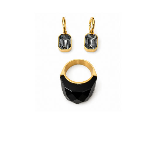 MÍSTIKA BUNDLE #20 - DROP CRYSTAL DANGLE EARRINGS AND CUBIC LOLLIPOP RING / 2 PIECES BLACK