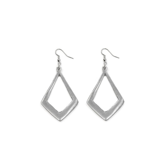 A pair of silver geometric dangle earrings with open diamond-shaped frames and fishhook wires, shown on a plain white background.