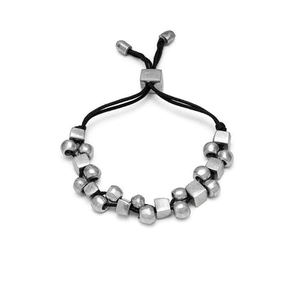 Vestopazzo Wire Sphere Cube Bracelet – Adjustable black cord bracelet with mixed silver sphere and cube beads on white background | Místika Style

