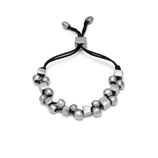 Vestopazzo Wire Sphere Cube Bracelet – Adjustable black cord bracelet with mixed silver sphere and cube beads on white background | Místika Style

