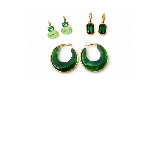 MÍSTIKA BUNDLE #17 - CRYSTAL CANDY EARRING, DROP CRYSTAL DANGLE EARRINGS, AURORA GEOMETRIC EARRINGS / 3 PIECES GREEN