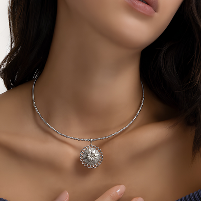 Vestopazzo Mandala Pendant Necklace – Close-up of woman's neck wearing silver beaded choker with engraved STELLA FLOWER medallion pendant | Místika Style